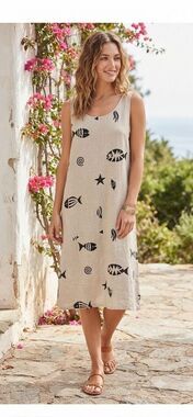 Connie Choi Fish Print Shift Dress Womens Large Beige Excellent Linen Blend USA‎